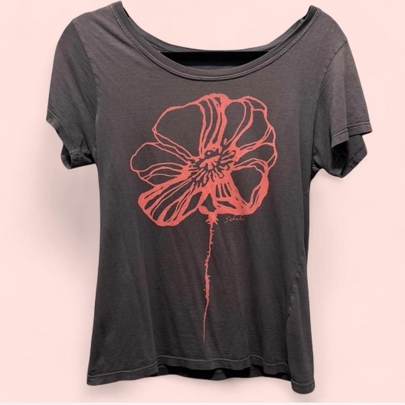 sahalie Tops - Sahalie Charcoal Tee with Coral Floral Design